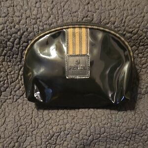 Fendi Glossy Black Toiletry Bag with Tan Stripes